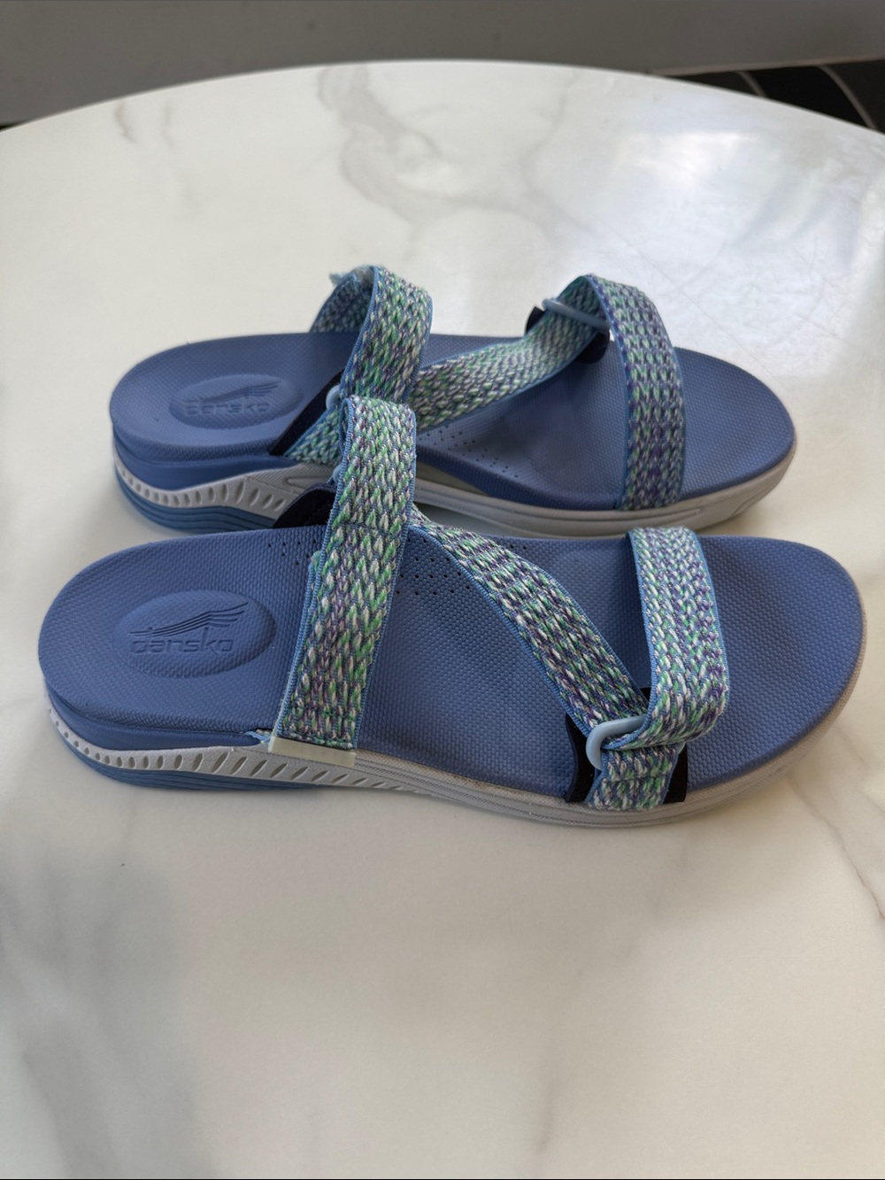 Dansko Light Blue Slide Sandals with Multicolor Woven Straps
